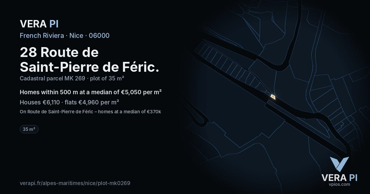 28 Route de Saint-Pierre de Féric, Nice at night – the plot lit, the parcels around coloured by the prices near them