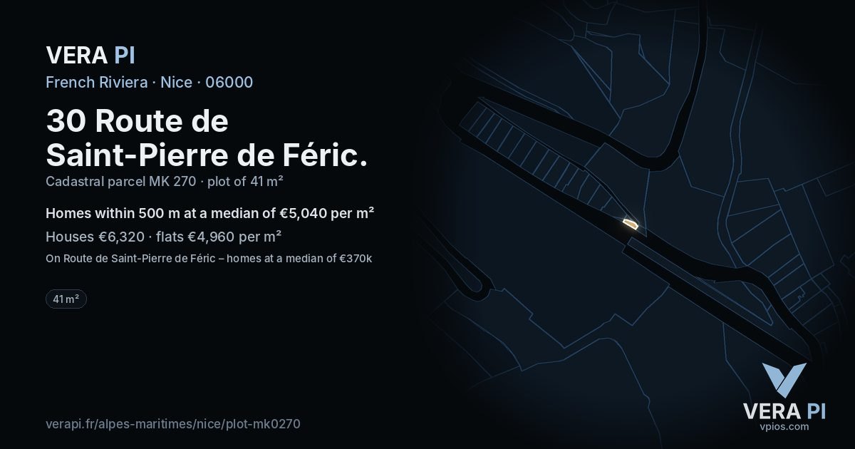 30 Route de Saint-Pierre de Féric, Nice at night – the plot lit, the parcels around coloured by the prices near them