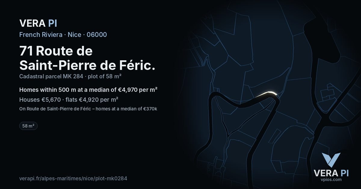 71 Route de Saint-Pierre de Féric, Nice at night – the plot lit, the parcels around coloured by the prices near them