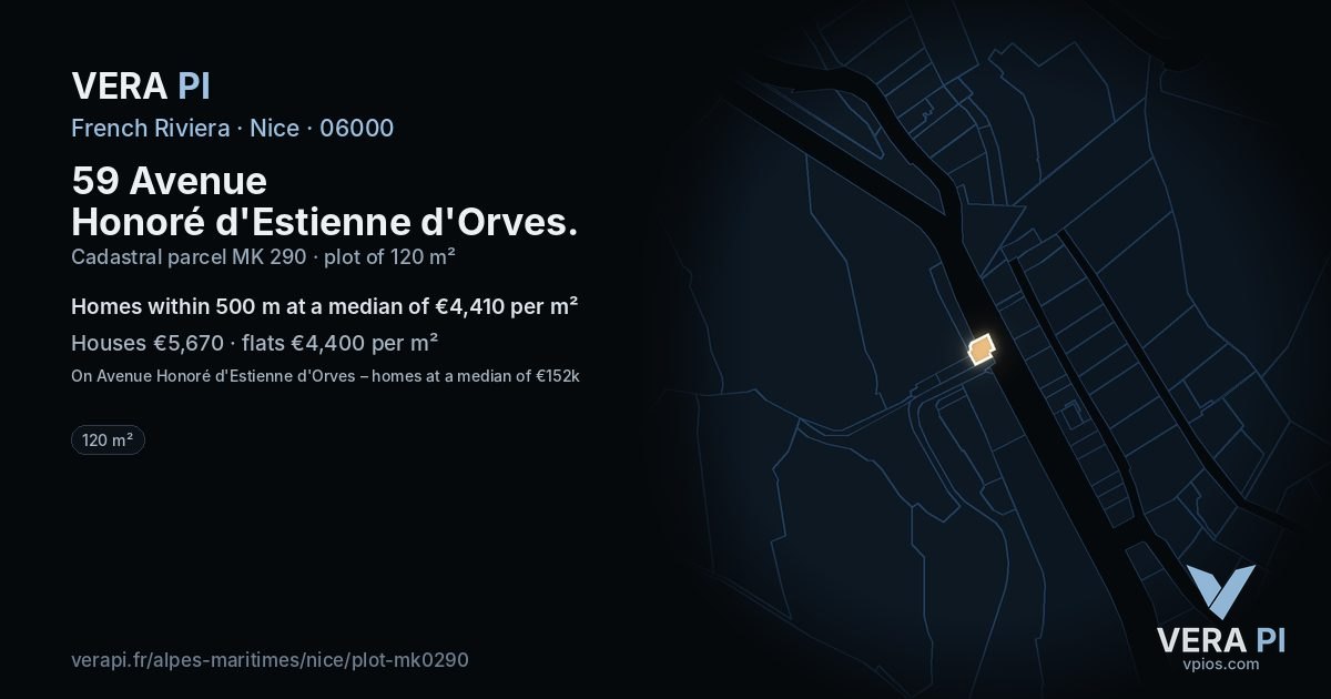 59 Avenue Honoré d'Estienne d'Orves, Nice at night – the plot lit, the parcels around coloured by the prices near them