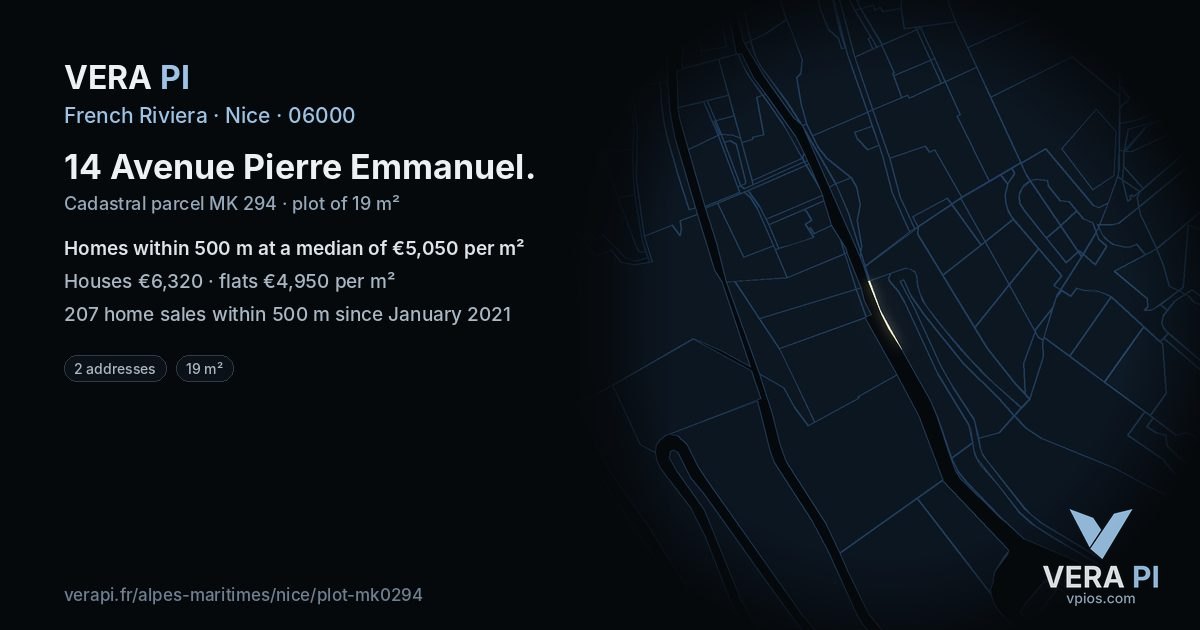 14 Avenue Pierre Emmanuel, Nice at night – the plot lit, the parcels around coloured by the prices near them