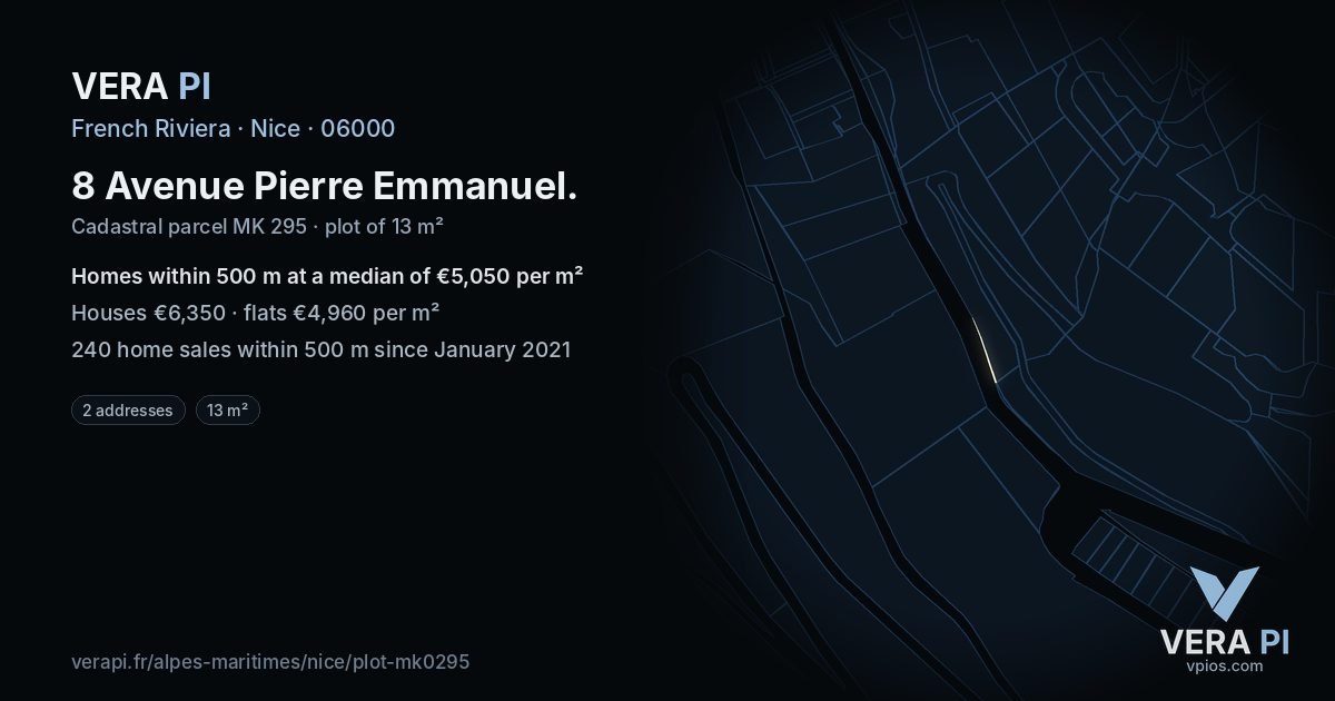 8 Avenue Pierre Emmanuel, Nice at night – the plot lit, the parcels around coloured by the prices near them
