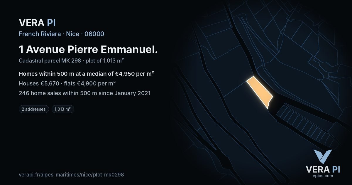 1 Avenue Pierre Emmanuel, Nice at night – the plot lit, the parcels around coloured by the prices near them