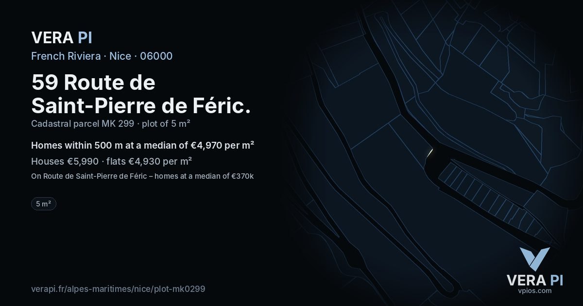 59 Route de Saint-Pierre de Féric, Nice at night – the plot lit, the parcels around coloured by the prices near them