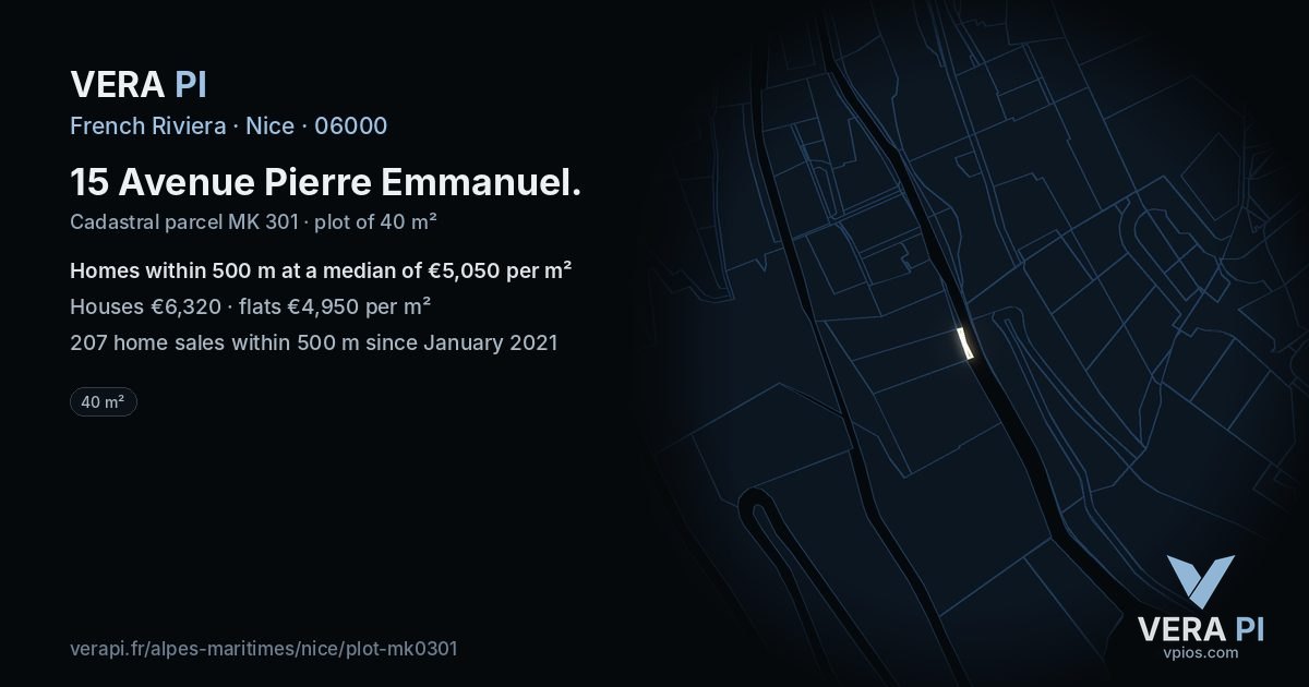 15 Avenue Pierre Emmanuel, Nice at night – the plot lit, the parcels around coloured by the prices near them