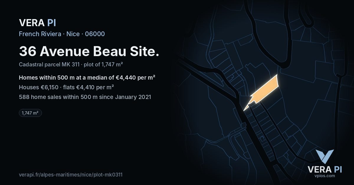 36 Avenue Beau Site, Nice at night – the plot lit, the parcels around coloured by the prices near them