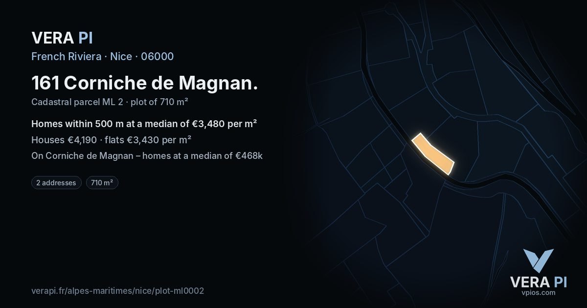 161 Corniche de Magnan, Nice at night – the plot lit, the parcels around coloured by the prices near them