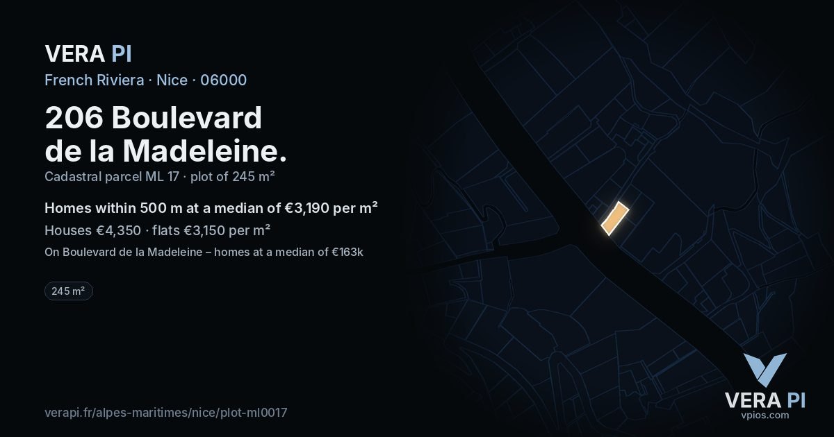 206 Boulevard de la Madeleine, Nice at night – the plot lit, the parcels around coloured by the prices near them
