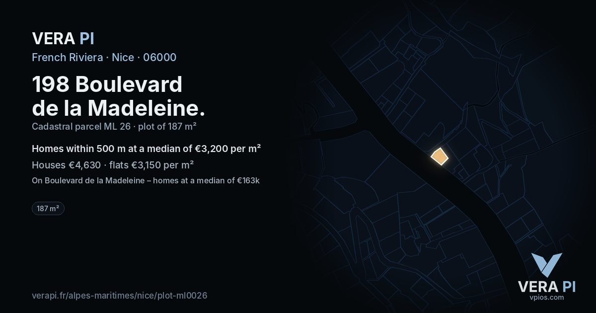 198 Boulevard de la Madeleine, Nice at night – the plot lit, the parcels around coloured by the prices near them