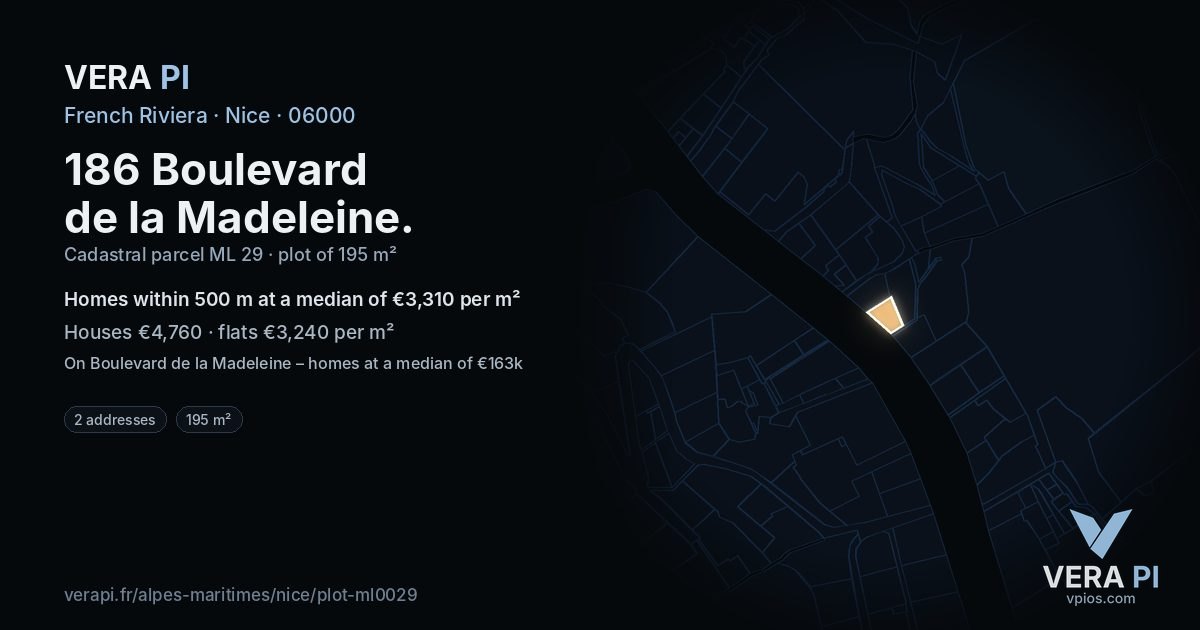 186 Boulevard de la Madeleine, Nice at night – the plot lit, the parcels around coloured by the prices near them
