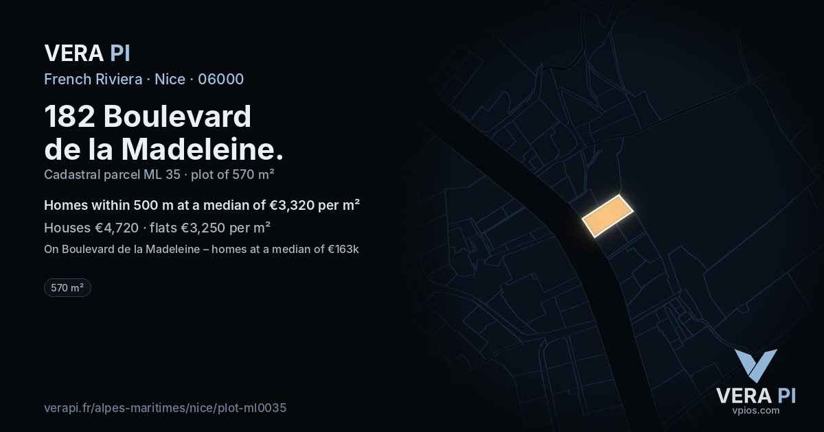 182 Boulevard de la Madeleine, Nice at night – the plot lit, the parcels around coloured by the prices near them
