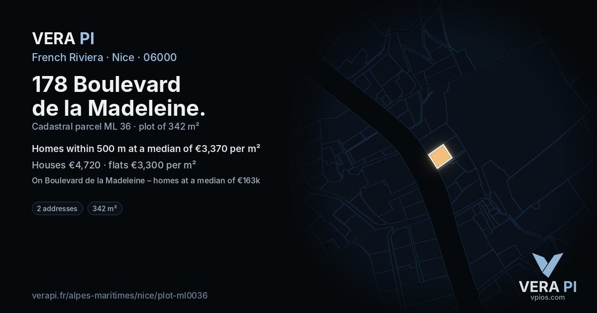 178 Boulevard de la Madeleine, Nice at night – the plot lit, the parcels around coloured by the prices near them