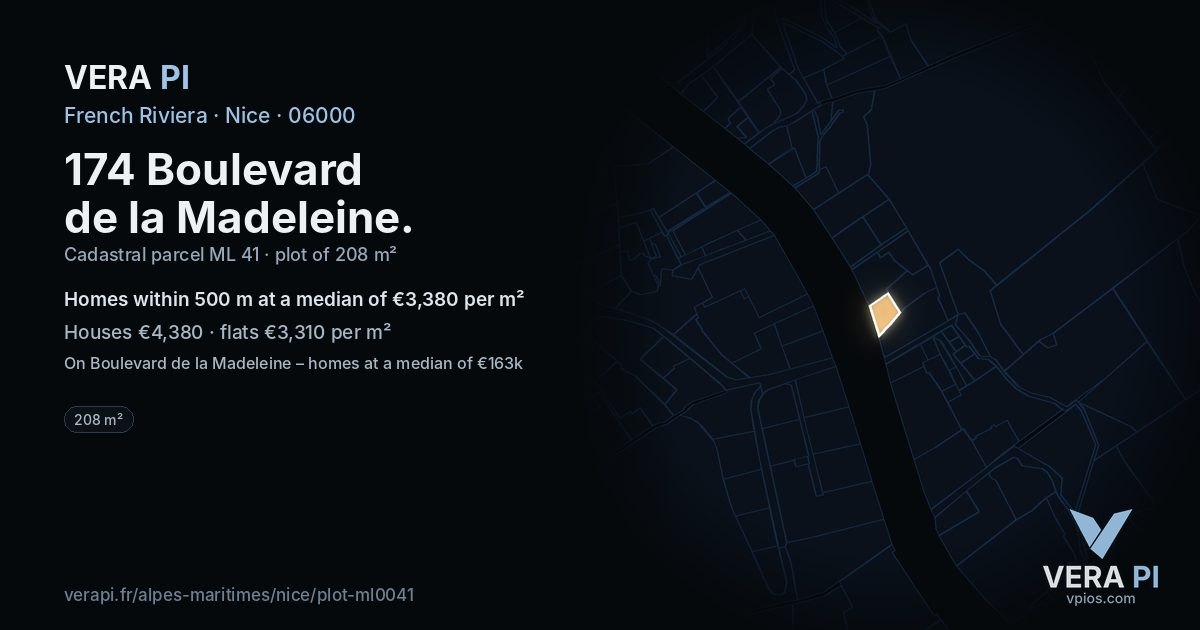 174 Boulevard de la Madeleine, Nice at night – the plot lit, the parcels around coloured by the prices near them