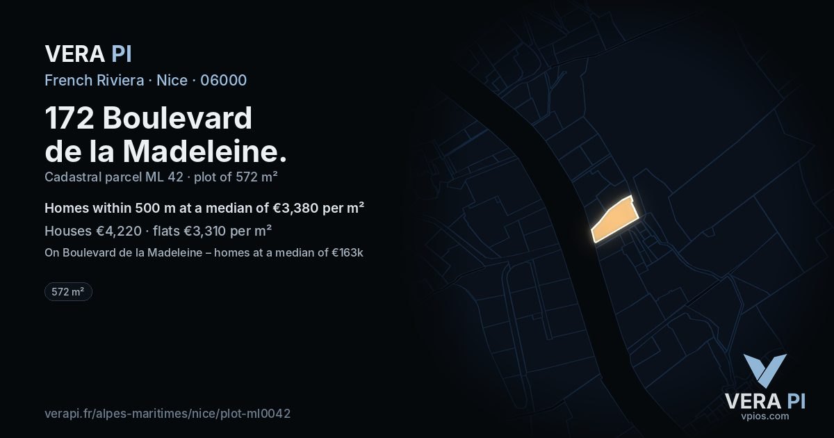 172 Boulevard de la Madeleine, Nice at night – the plot lit, the parcels around coloured by the prices near them