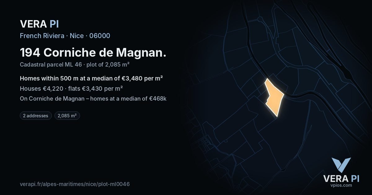 194 Corniche de Magnan, Nice at night – the plot lit, the parcels around coloured by the prices near them