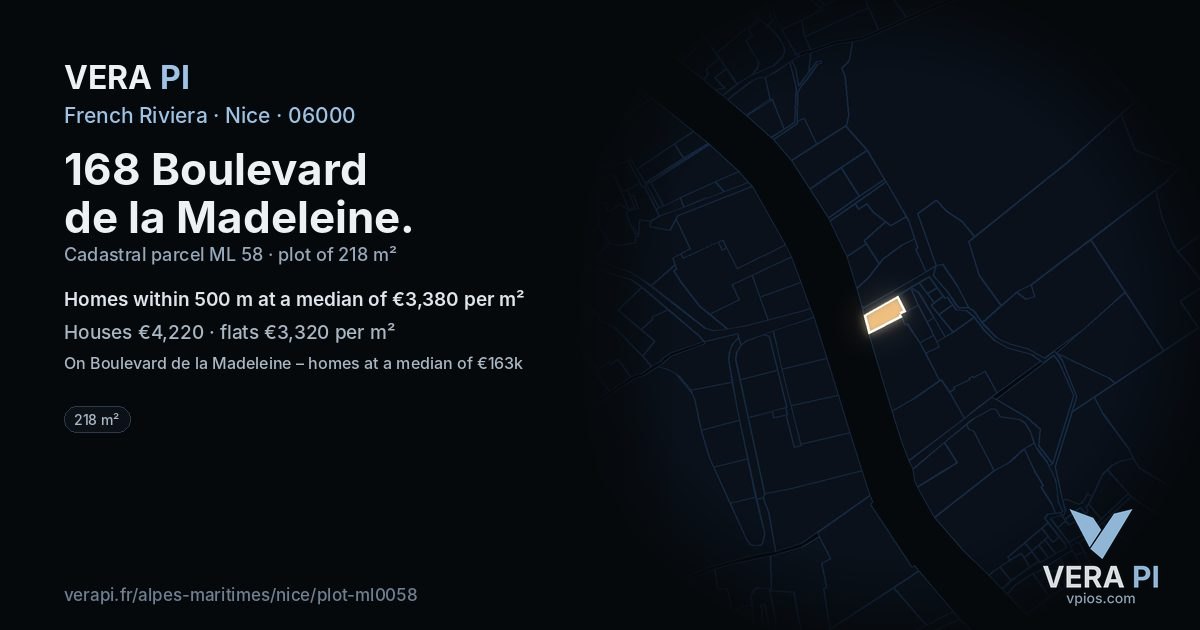 168 Boulevard de la Madeleine, Nice at night – the plot lit, the parcels around coloured by the prices near them