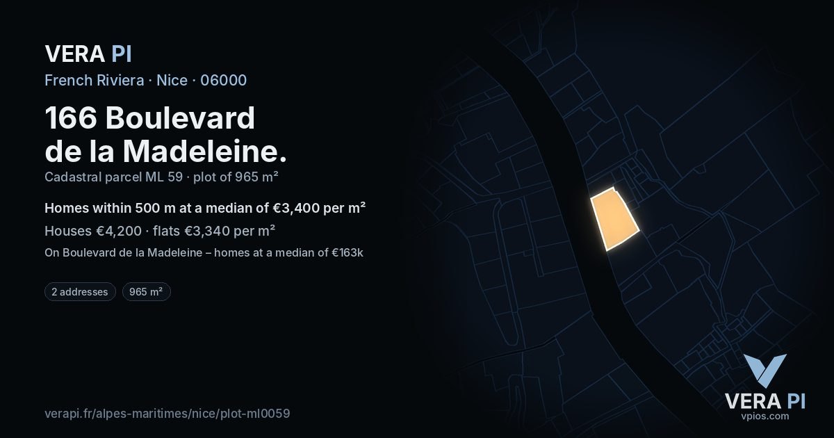 166 Boulevard de la Madeleine, Nice at night – the plot lit, the parcels around coloured by the prices near them