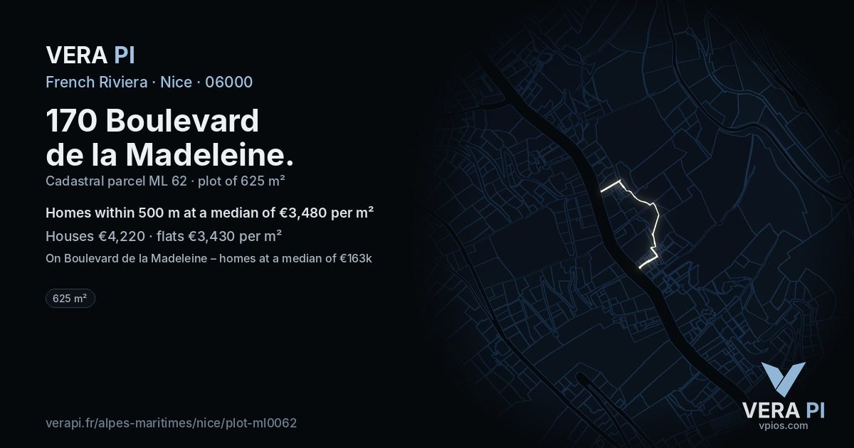 170 Boulevard de la Madeleine, Nice at night – the plot lit, the parcels around coloured by the prices near them