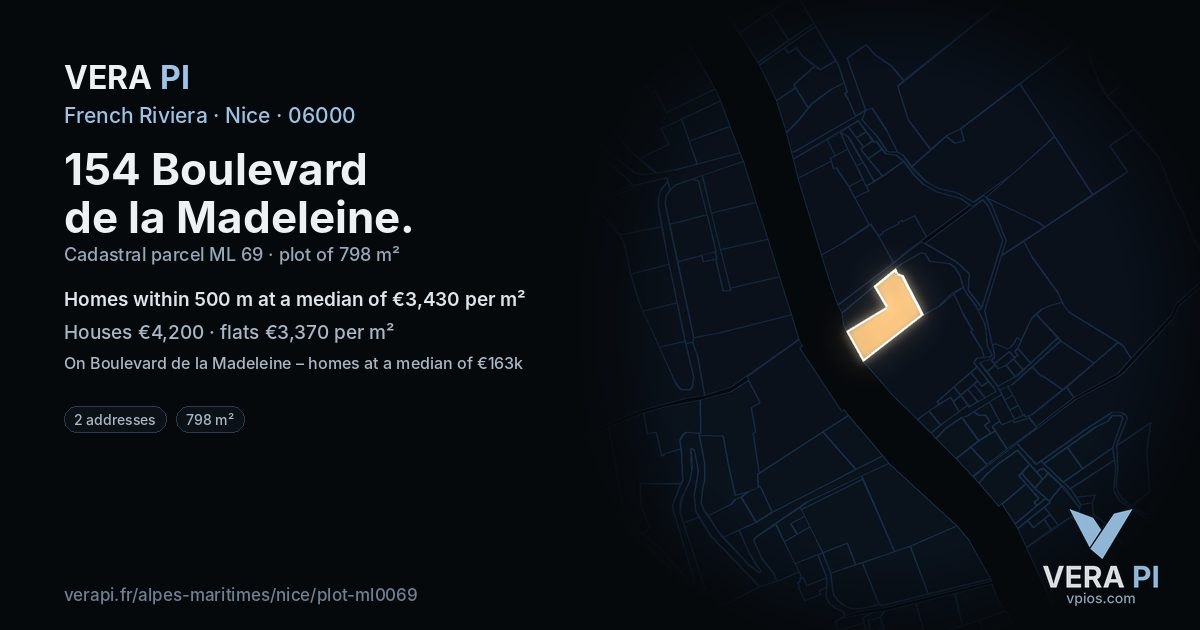 154 Boulevard de la Madeleine, Nice at night – the plot lit, the parcels around coloured by the prices near them