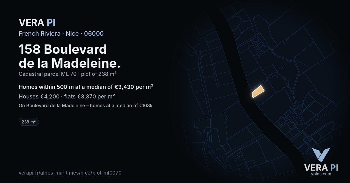 158 Boulevard de la Madeleine, Nice at night – the plot lit, the parcels around coloured by the prices near them