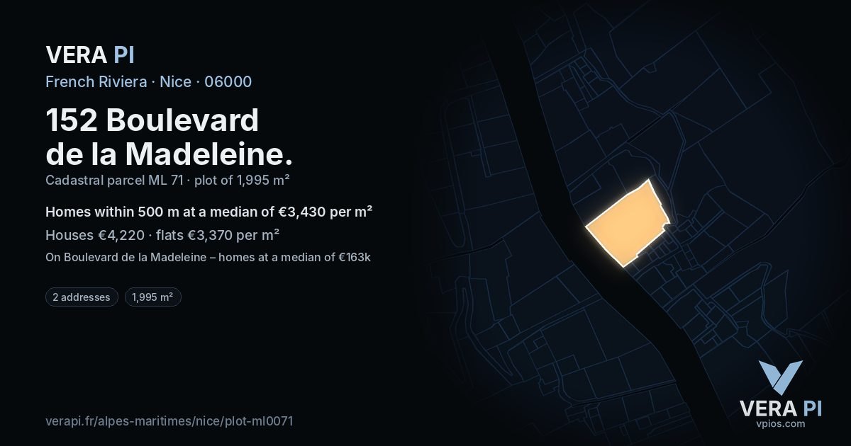 152 Boulevard de la Madeleine, Nice at night – the plot lit, the parcels around coloured by the prices near them