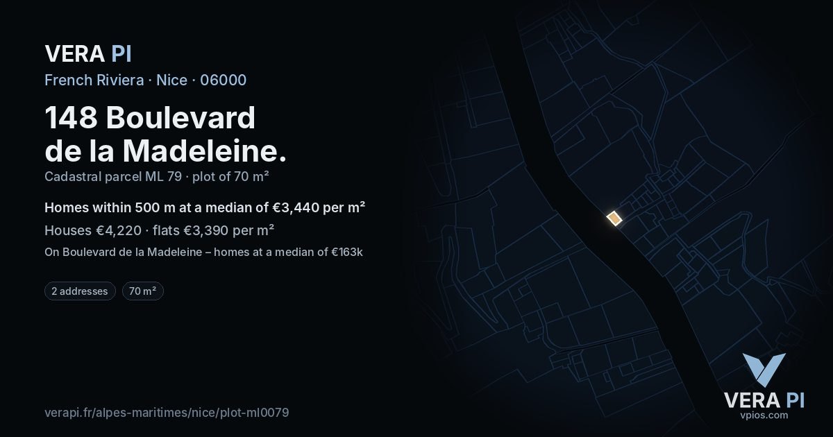 148 Boulevard de la Madeleine, Nice at night – the plot lit, the parcels around coloured by the prices near them
