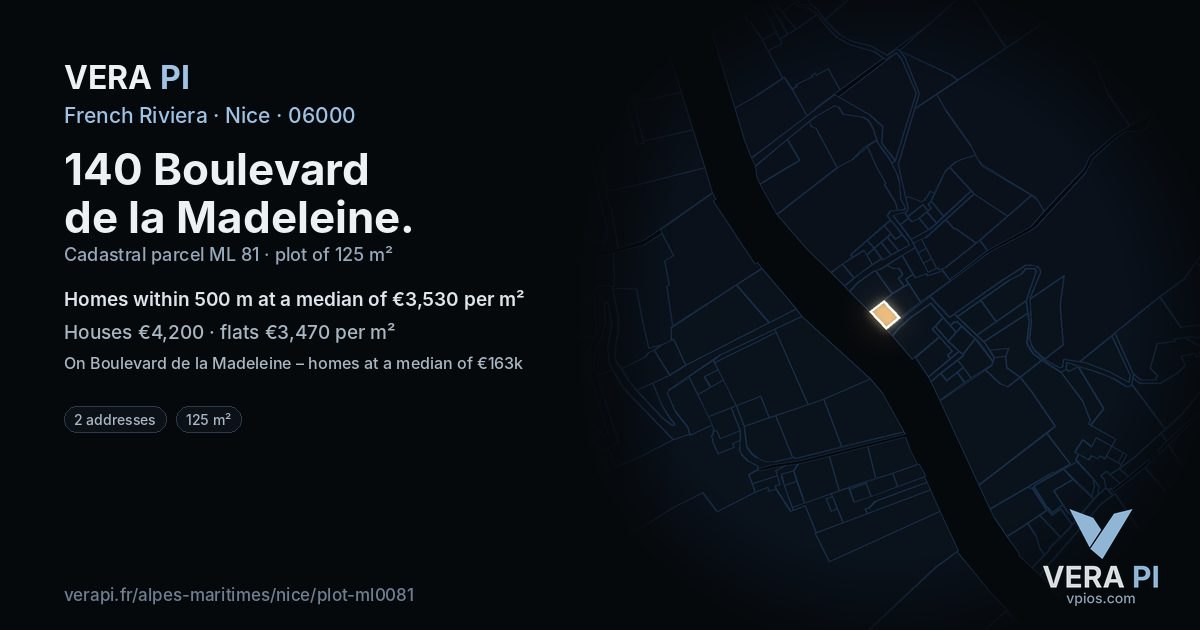 140 Boulevard de la Madeleine, Nice at night – the plot lit, the parcels around coloured by the prices near them