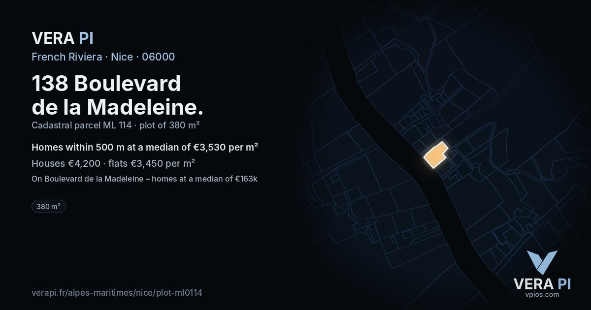 138 Boulevard de la Madeleine, Nice at night – the plot lit, the parcels around coloured by the prices near them