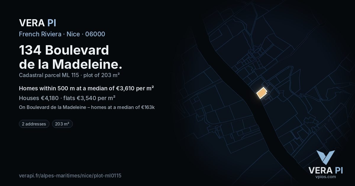 134 Boulevard de la Madeleine, Nice at night – the plot lit, the parcels around coloured by the prices near them