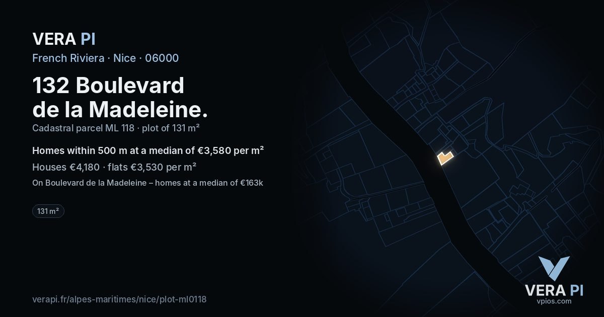 132 Boulevard de la Madeleine, Nice at night – the plot lit, the parcels around coloured by the prices near them