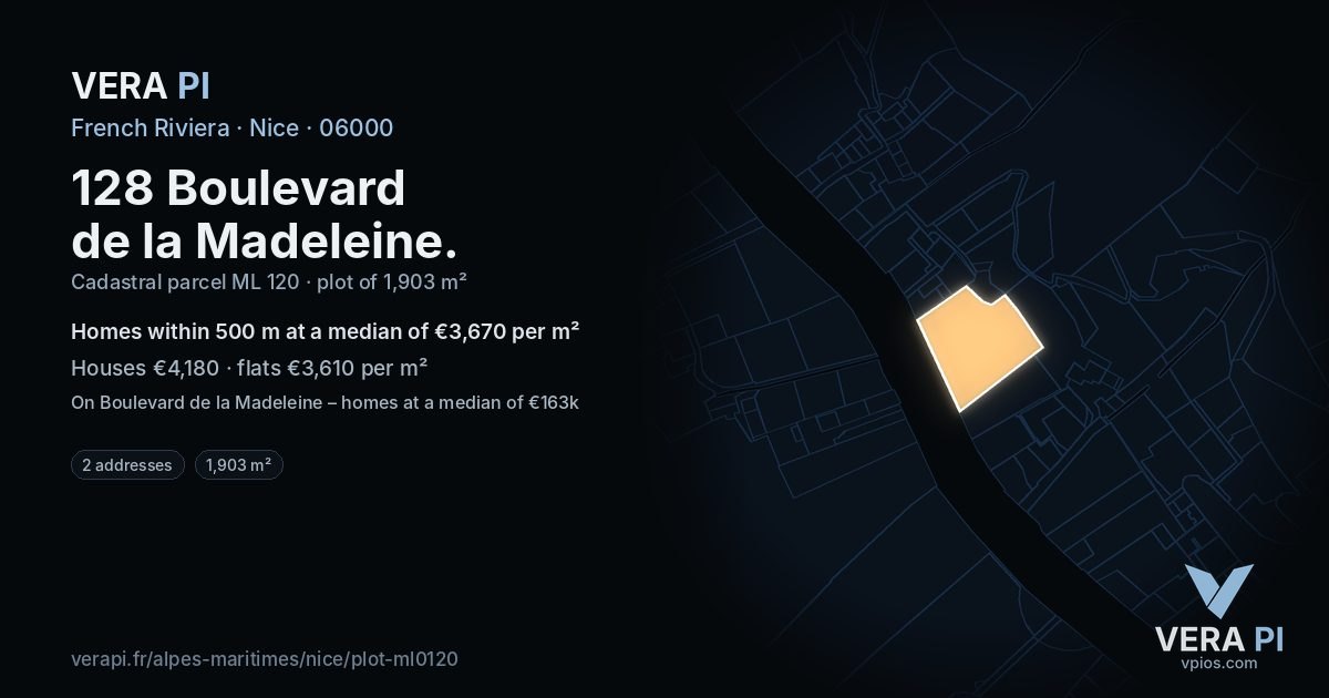 128 Boulevard de la Madeleine, Nice at night – the plot lit, the parcels around coloured by the prices near them