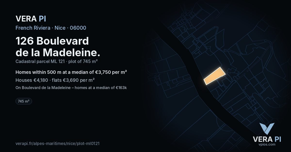 126 Boulevard de la Madeleine, Nice at night – the plot lit, the parcels around coloured by the prices near them