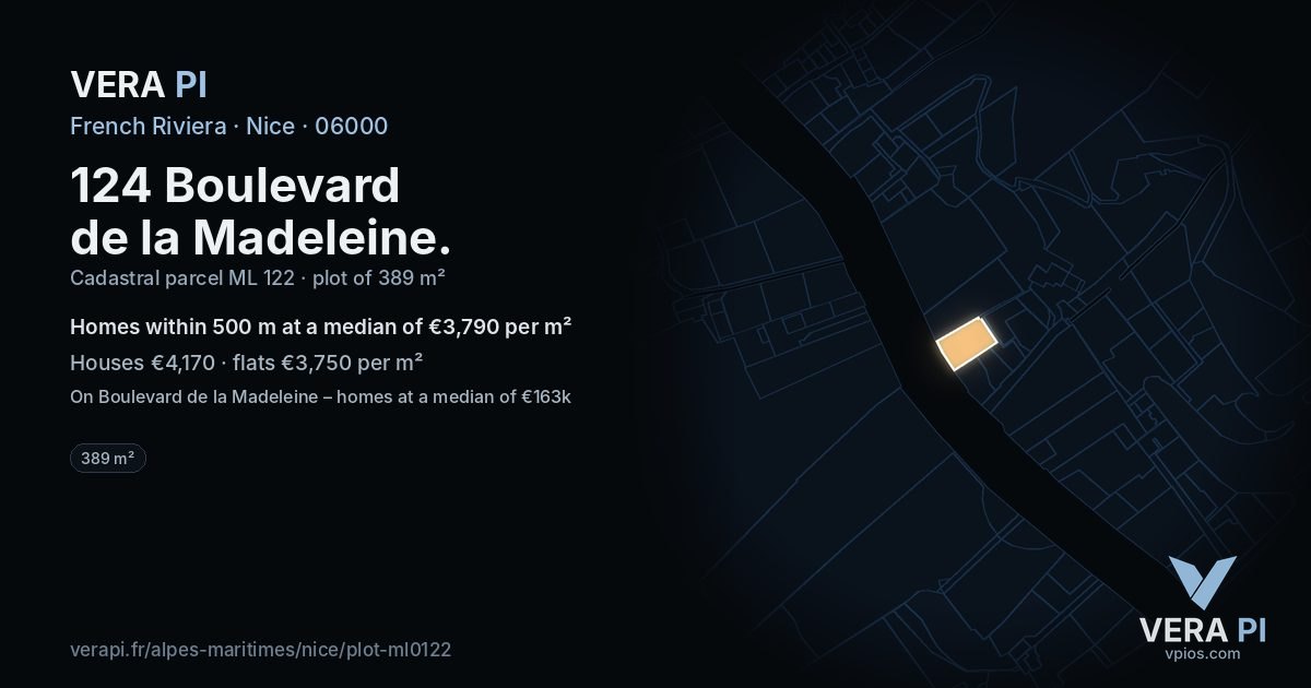 124 Boulevard de la Madeleine, Nice at night – the plot lit, the parcels around coloured by the prices near them
