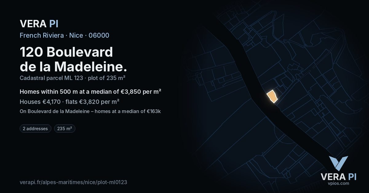 120 Boulevard de la Madeleine, Nice at night – the plot lit, the parcels around coloured by the prices near them