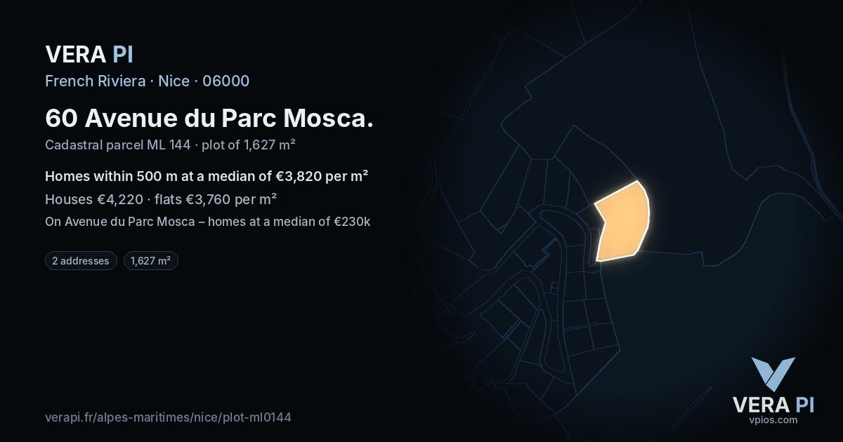 60 Avenue du Parc Mosca, Nice at night – the plot lit, the parcels around coloured by the prices near them