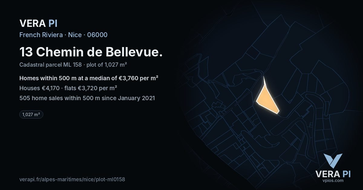 13 Chemin de Bellevue, Nice at night – the plot lit, the parcels around coloured by the prices near them