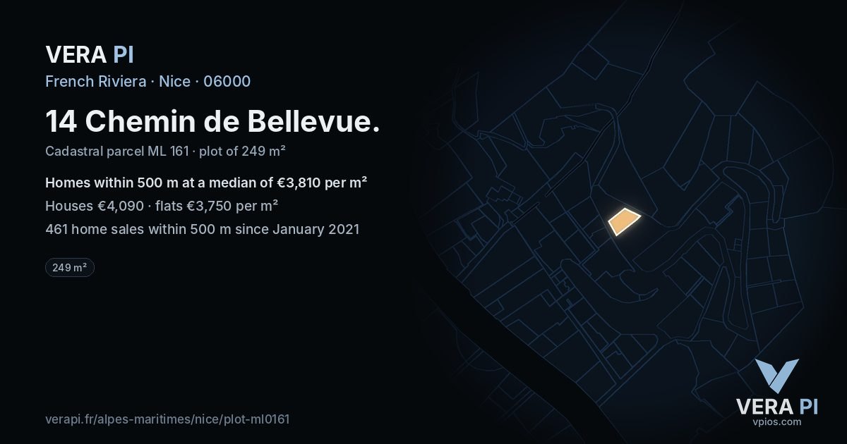 14 Chemin de Bellevue, Nice at night – the plot lit, the parcels around coloured by the prices near them