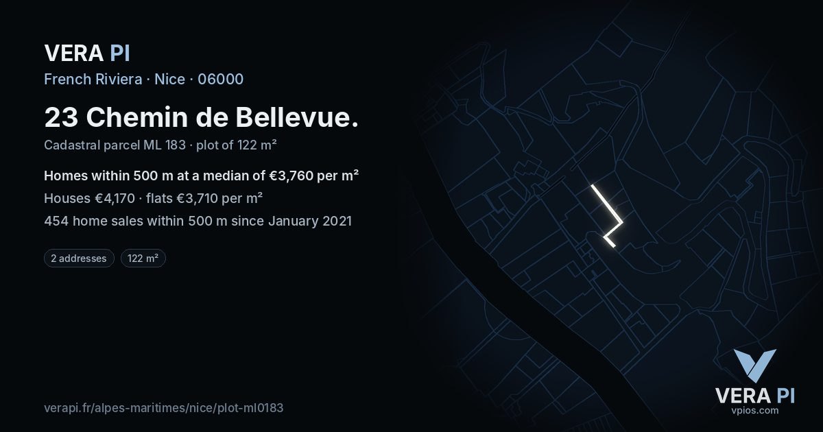 23 Chemin de Bellevue, Nice at night – the plot lit, the parcels around coloured by the prices near them