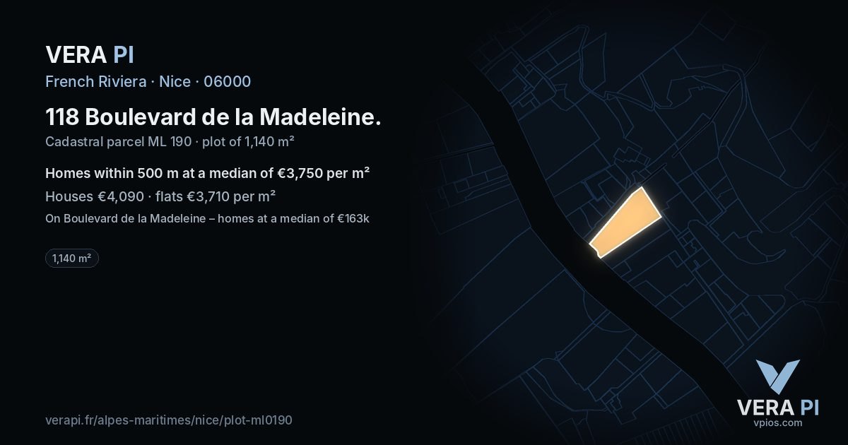 118 Boulevard de la Madeleine, Nice at night – the plot lit, the parcels around coloured by the prices near them