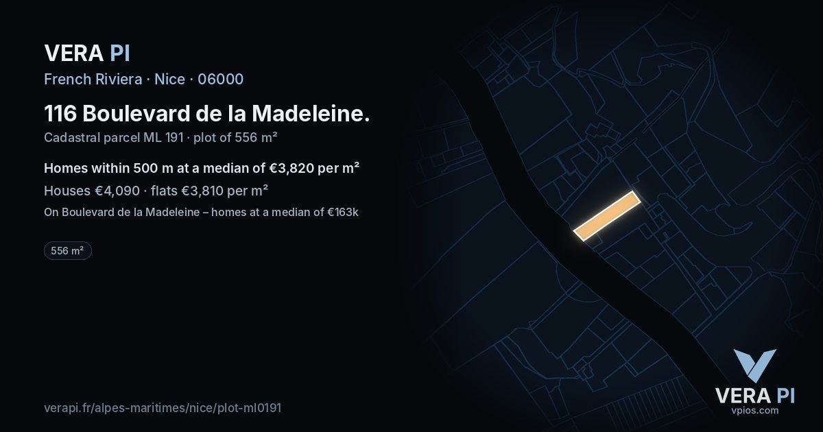116 Boulevard de la Madeleine, Nice at night – the plot lit, the parcels around coloured by the prices near them
