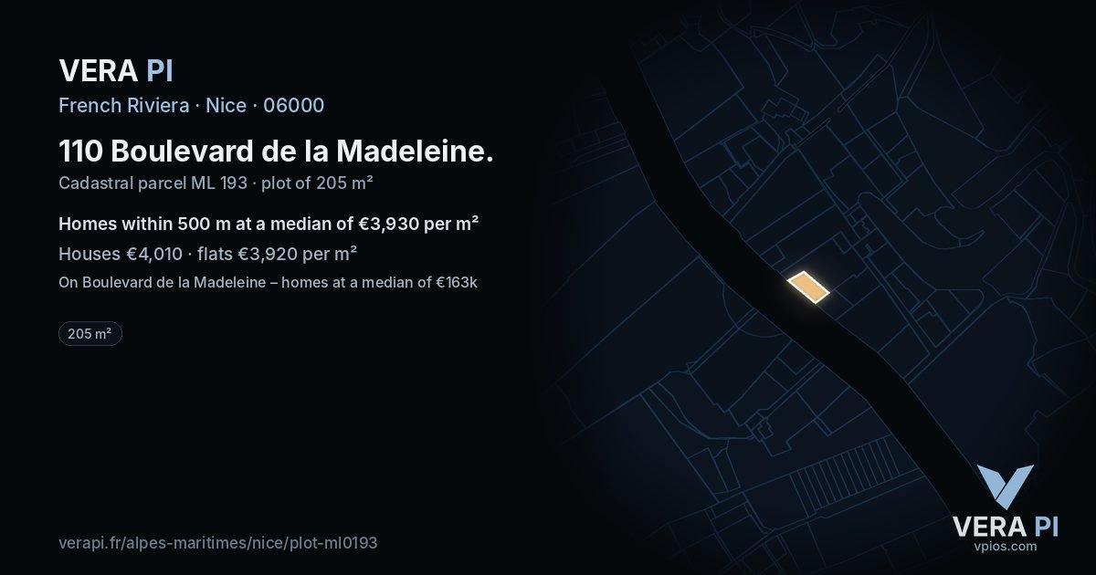 110 Boulevard de la Madeleine, Nice at night – the plot lit, the parcels around coloured by the prices near them