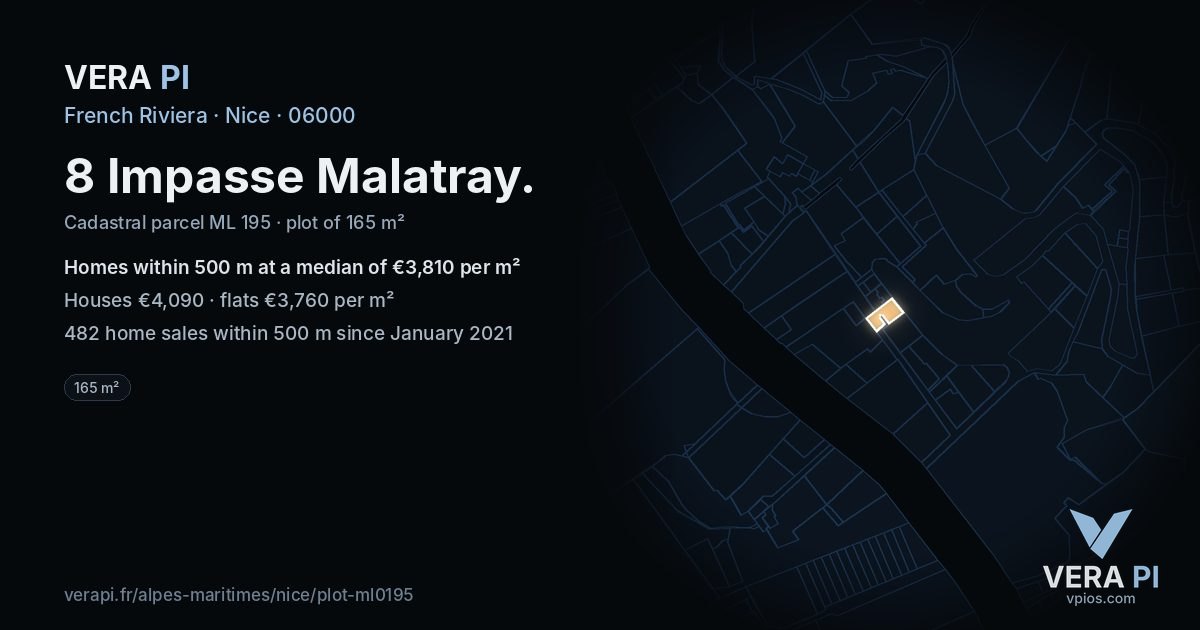 8 Impasse Malatray, Nice at night – the plot lit, the parcels around coloured by the prices near them