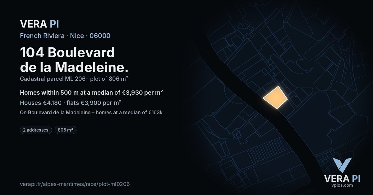 104 Boulevard de la Madeleine, Nice at night – the plot lit, the parcels around coloured by the prices near them