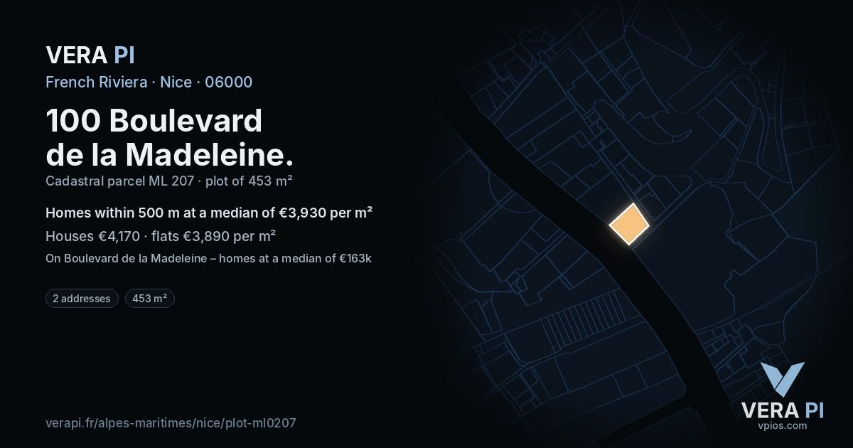 100 Boulevard de la Madeleine, Nice at night – the plot lit, the parcels around coloured by the prices near them