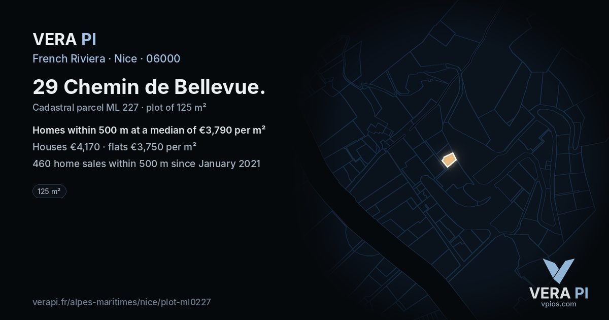 29 Chemin de Bellevue, Nice at night – the plot lit, the parcels around coloured by the prices near them