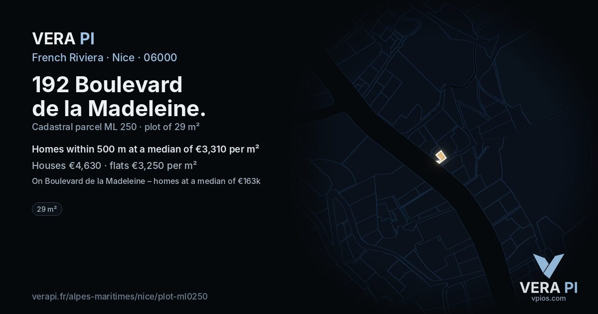 192 Boulevard de la Madeleine, Nice at night – the plot lit, the parcels around coloured by the prices near them