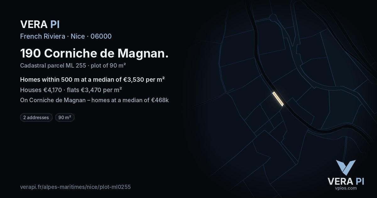 190 Corniche de Magnan, Nice at night – the plot lit, the parcels around coloured by the prices near them