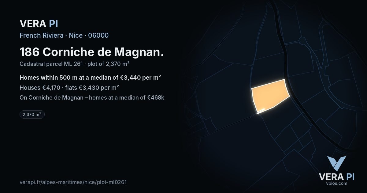 186 Corniche de Magnan, Nice at night – the plot lit, the parcels around coloured by the prices near them