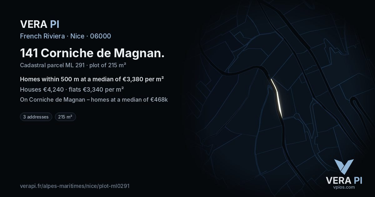 141 Corniche de Magnan, Nice at night – the plot lit, the parcels around coloured by the prices near them