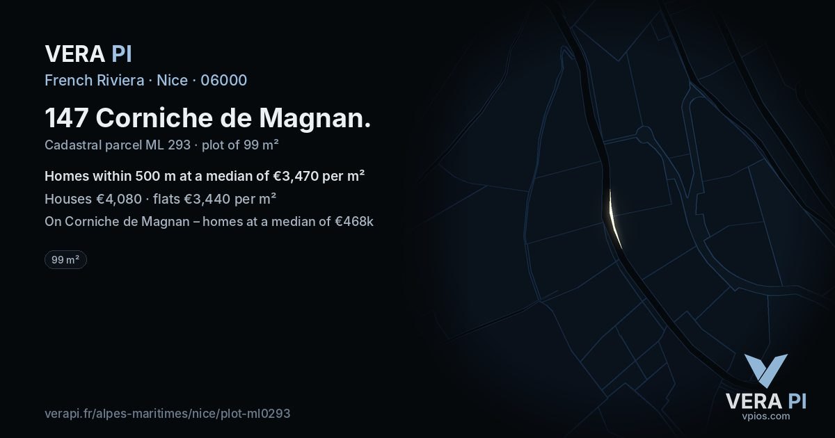 147 Corniche de Magnan, Nice at night – the plot lit, the parcels around coloured by the prices near them